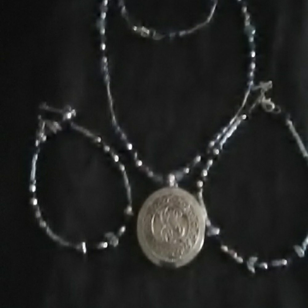 Beaded blue glass and locket charm necklace  set